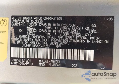2008 Lexus Rx 400H from USA, damaged, VIN JTJHW31U582069820